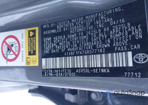 2016 Toyota Camry Le z USA, uszkodzony, nr VIN 4T4BF1FK7GR577182